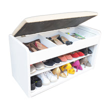 Cargar imagen en el visor de la galería, Banco Baúl Zapatero Capri. Multifuncional. Tres en uno, banco, baúl y entrepaños a modo de zapatero. Cubierta tapizada y acolchada. Estructura de madera y MDF.