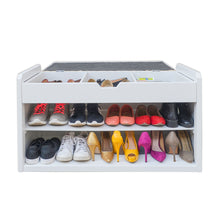 Cargar imagen en el visor de la galería, Banco Baúl Zapatero Capri. Multifuncional. Tres en uno, banco, baúl y entrepaños a modo de zapatero. Cubierta tapizada y acolchada. Estructura de madera y MDF.