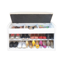 Cargar imagen en el visor de la galería, Banco Baúl Zapatero Capri. Multifuncional. Tres en uno, banco, baúl y entrepaños a modo de zapatero. Cubierta tapizada y acolchada. Estructura de madera y MDF.